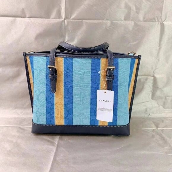 COACH C4086 MOLLIE TOTE 25 IN SIGNATURE JACQUARD WITH STRIPES IM/BLUE/YELLOW MUL - Picture 2 of 6